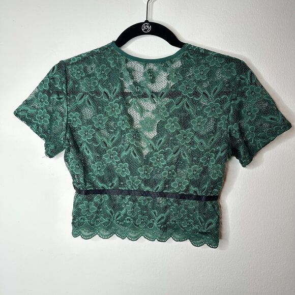 Stunning Sheer Emerald Green Floral Lace Deep V-Neck Short Sleeve Crop Top Small - Picture 7 of 8